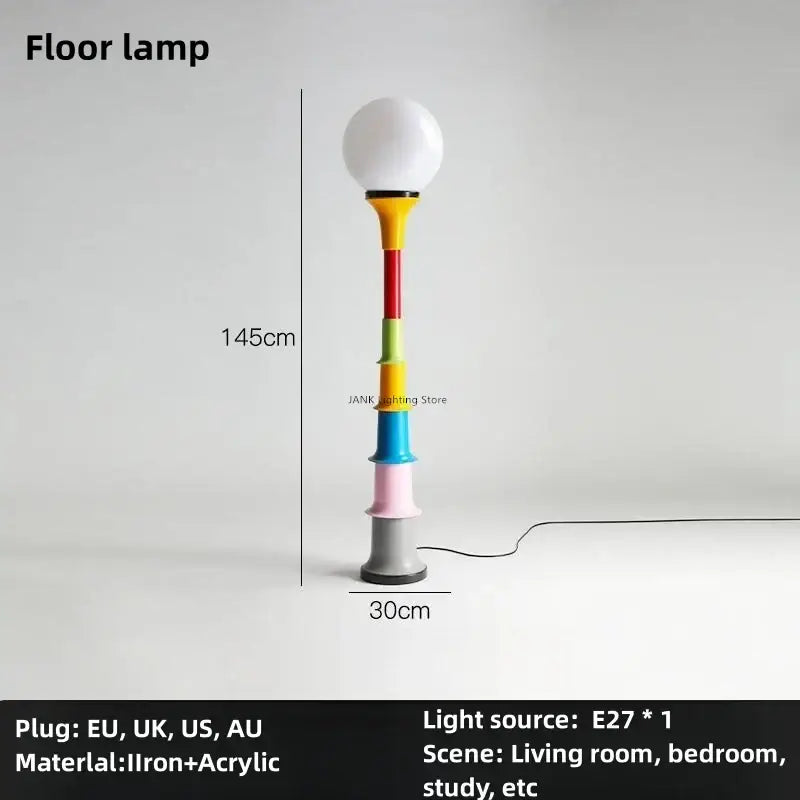 A colorful retro led floor lamp with a 145cm iron stem in yellow red green blue pink and gray with a white acrylic bulb