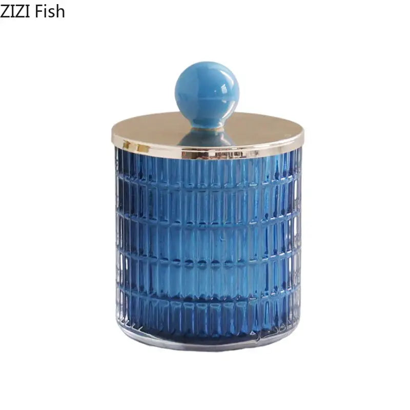 Blue ribbed glass tea canister with gold lid and blue knob for decorbites glass tea storage jar kitchen use