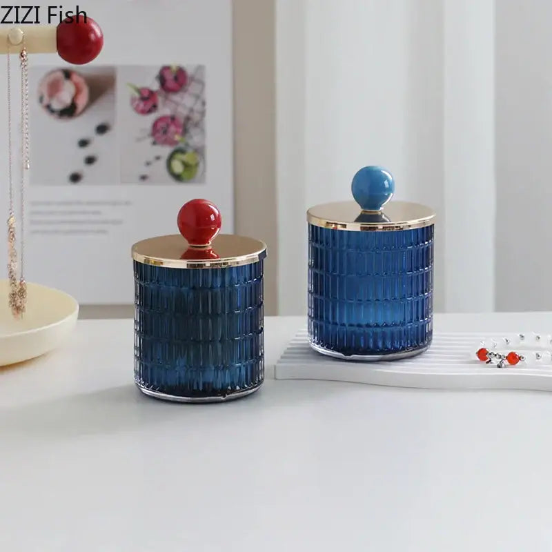 Blue ribbed glass tea canister set with gold rims and colorful spherical lids storage jar for kitchen decorbites glass tea