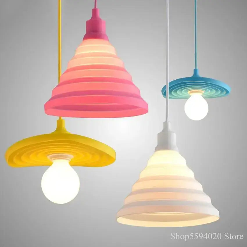 Colorful silicone pendant light featuring cone-shaped ribbed layers in pink yellow blue and white for living room decorbites colorful silicone pendant