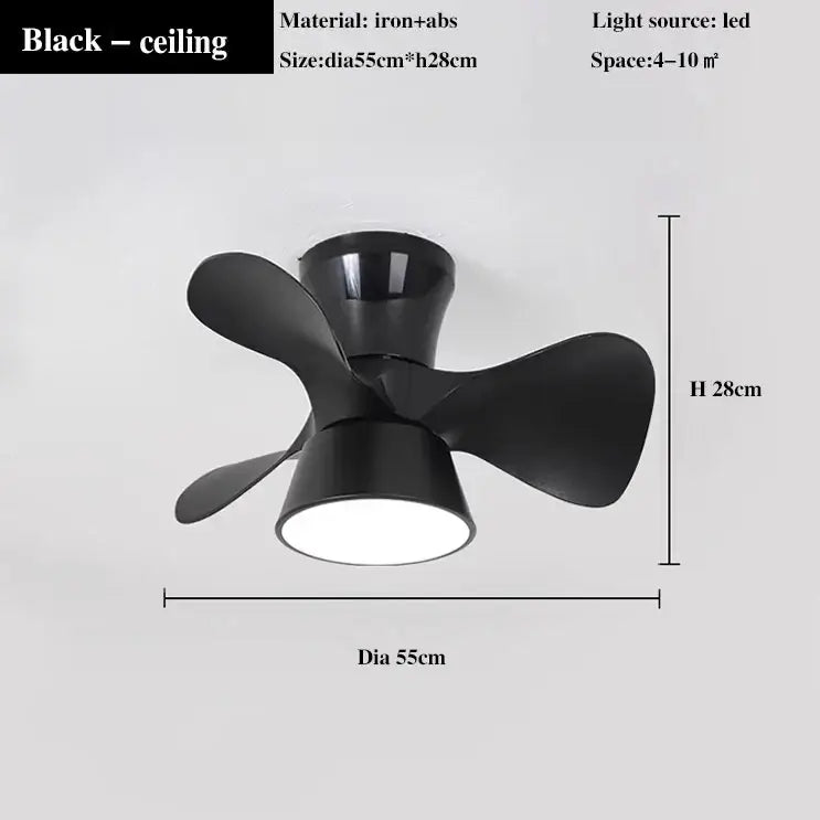Black ceiling fan light with sleek modern design made of iron and abs for bedroom smart dimming ceiling fan light