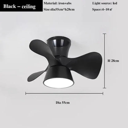 Black ceiling fan light with sleek modern design made of iron and abs for bedroom smart dimming ceiling fan light