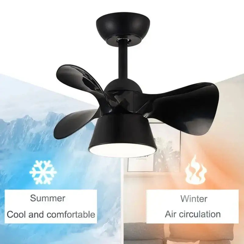 Black ceiling fan light with integrated fixture and four curved blades for bedroom smart dimming ceiling fan light
