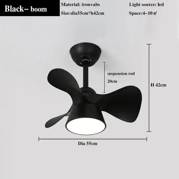 Black boom ceiling fan light with iron and ABS material featuring four curved blades for modern bedroom use
