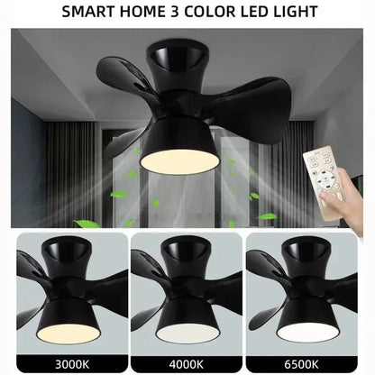 Black smart ceiling fan light with integrated 3-color led lighting for bedroom smart dimming fan light