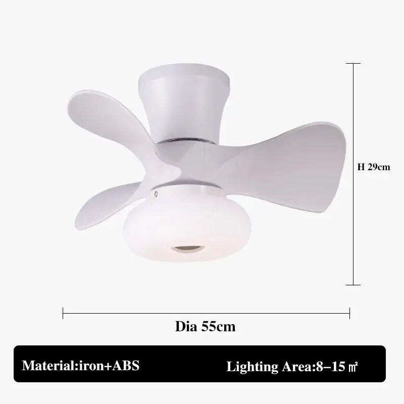 White ceiling fan light with four curved blades and frosted glass fixture for bedroom smart dimming fan light