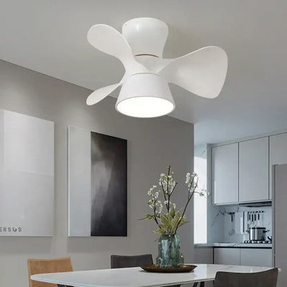 White ceiling fan light with integrated smart dimming fixture and four sleek curved blades for bedroom use