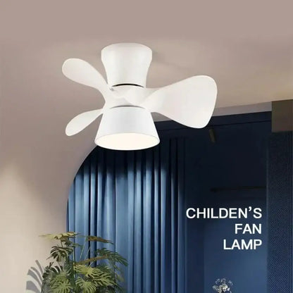 Colorful white ceiling fan light with integrated smart dimming lamp and four smooth curved blades for bedroom use