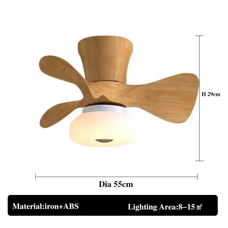 A modern colorful white ceiling fan light with warm wood finish and integrated frosted glass light fixture for bedrooms