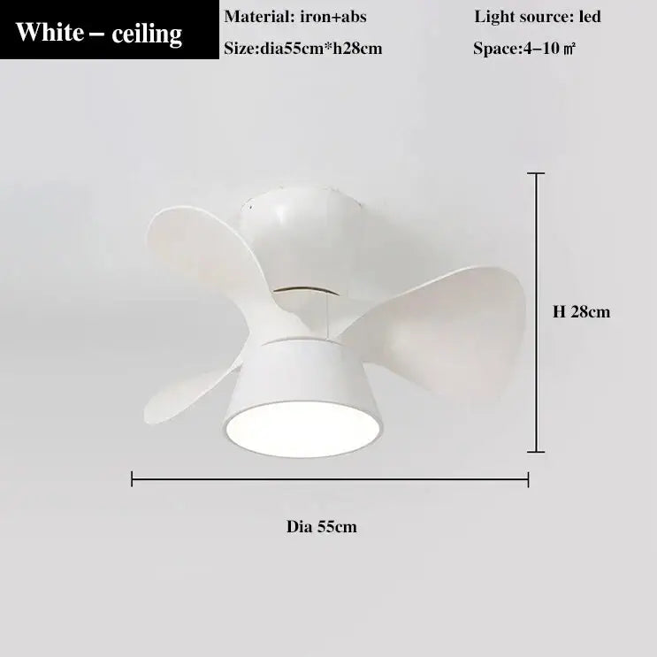 Colorful white ceiling fan light with led lighting, three curved blades, iron and abs lamp housing for bedroom use