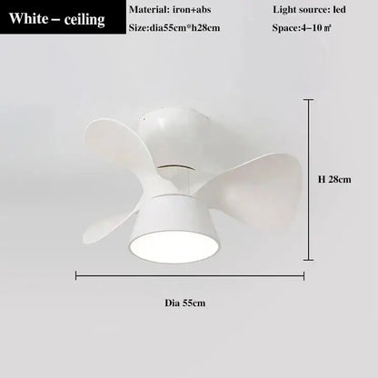 Colorful white ceiling fan light with led lighting, three curved blades, iron and abs lamp housing for bedroom use