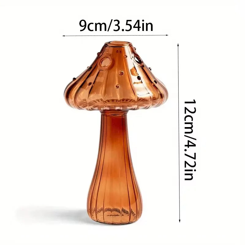 Amber-colored glass mushroom-shaped vase with ribbed texture and dotted cap for hydroponic and aromatherapy decoration