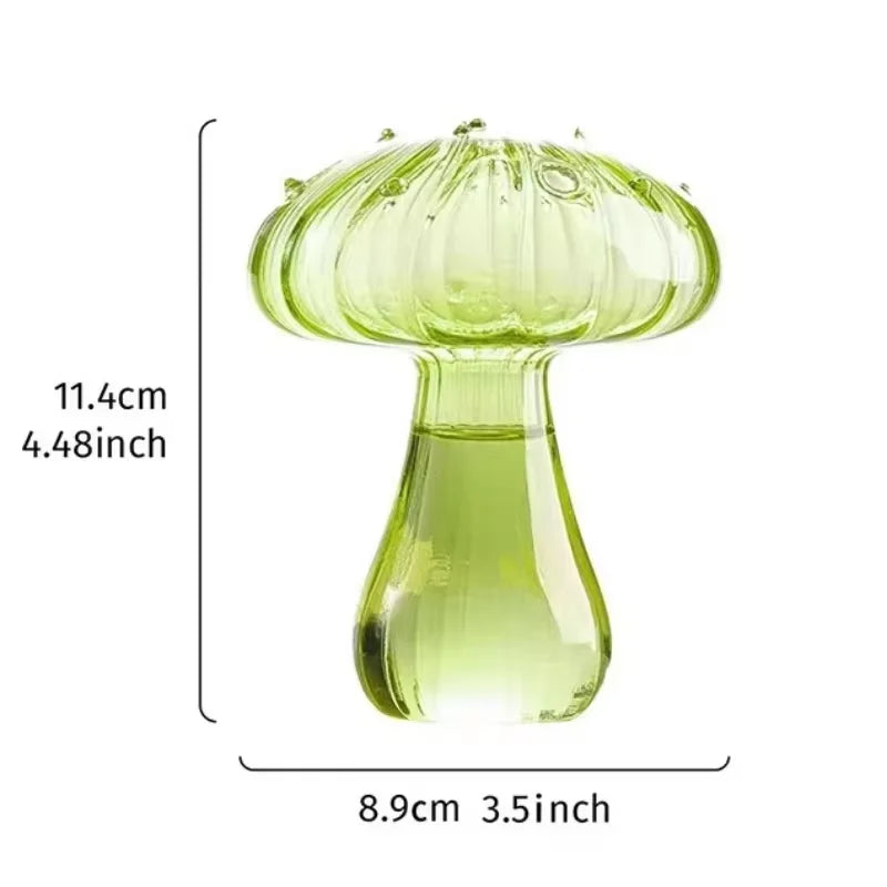 A translucent lime-green glass mushroom-shaped vase with a ribbed cap for hydroponic and art decoration use