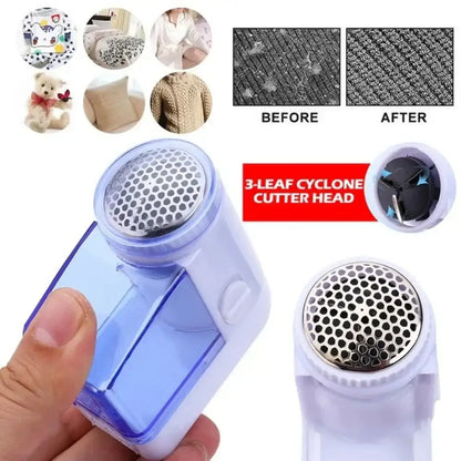 Compact blue and white electric fuzz pellet remover with translucent body and perforated metal cutting head for fabric care