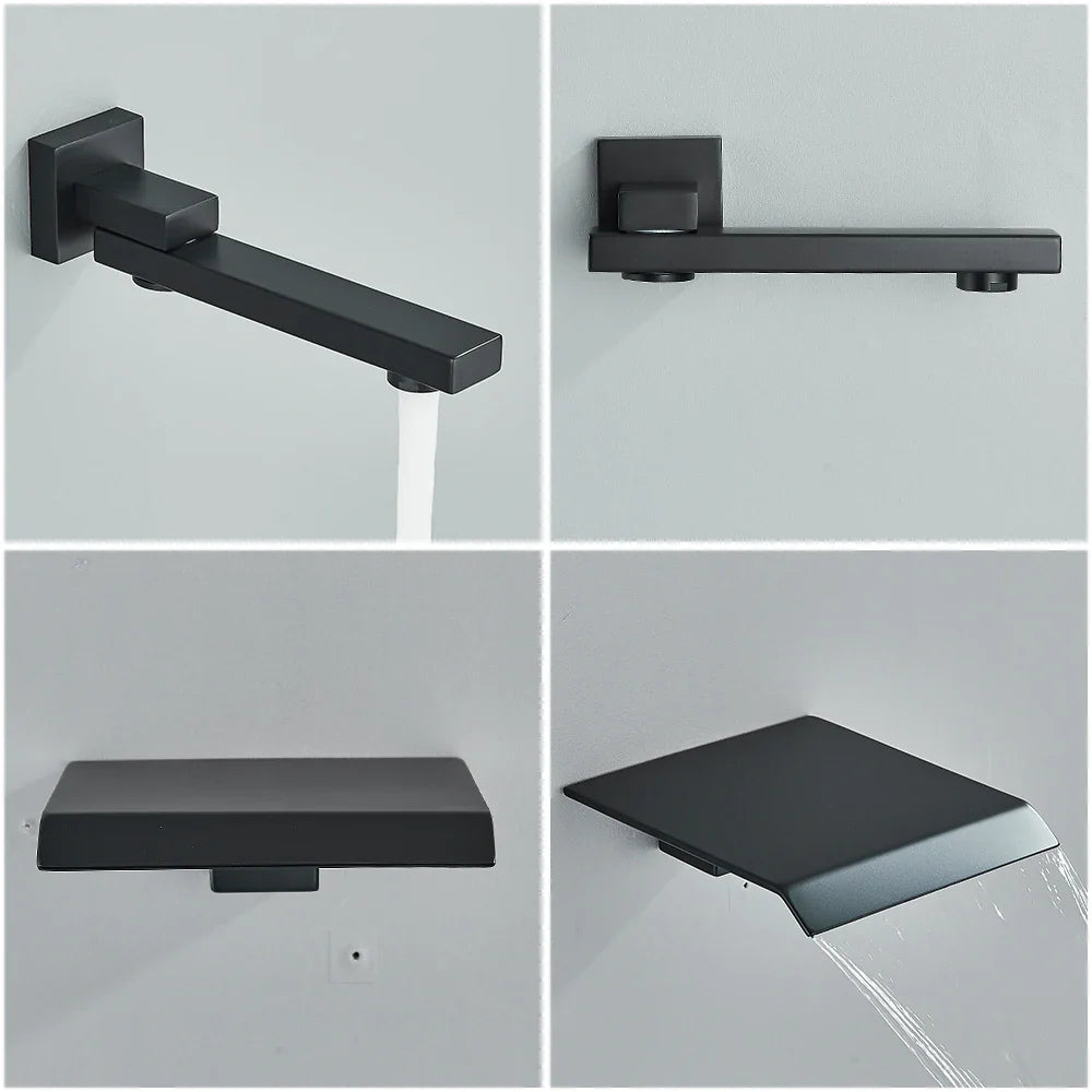 Black matte finished modern concealed shower system with square design and waterfall spout for rainfall effect