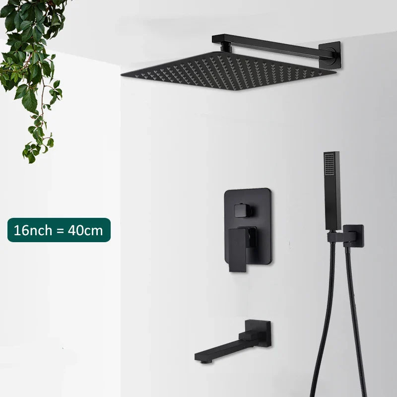 Black matte-finished square rain shower head with modern minimalist design for concealed shower system rainfall waterfall