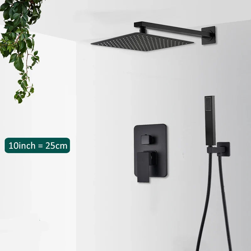 Black matte-finish square rain shower head with sleek modern design for concealed shower system rainfall waterfall