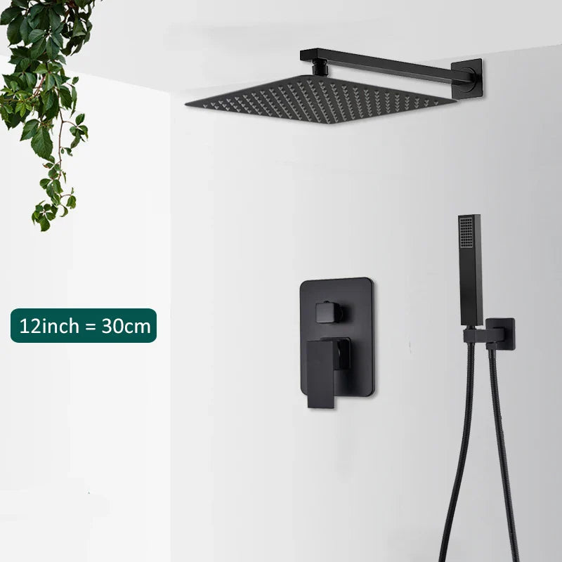 Black matte-finish square rain shower head with sleek modern design for concealed shower system rainfall waterfall