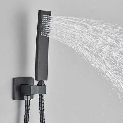 Black matte-finish rectangular concealed shower system with sleek modern design and multiple spray nozzles for rainfall waterfall