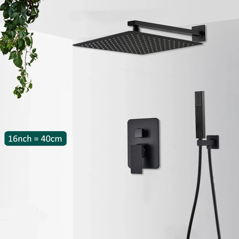 Black matte-finished square rain shower head with modern minimalist design for concealed shower system rainfall waterfall