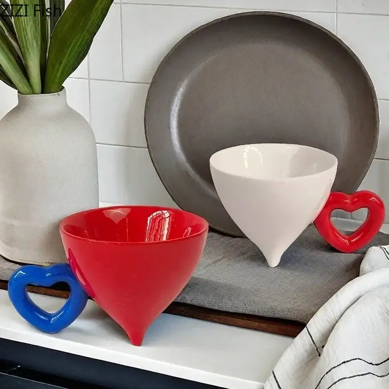 Vibrant red and white conical cream heart ceramic coffee mug with heart ceramic handles for dining room use