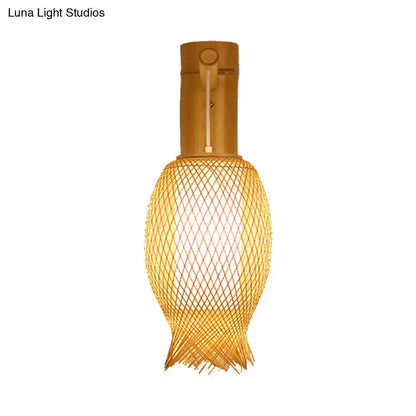 Contemporary bamboo wall light fixture with warm-toned woven diamond-patterned shade for bedroom lighting