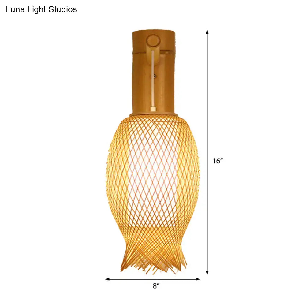 Contemporary bamboo golden wall light fixture with a warm-toned woven lattice shade for bedroom use