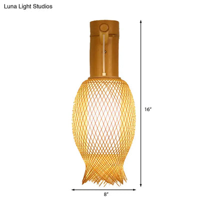 Contemporary bamboo golden wall light fixture with a warm-toned woven lattice shade for bedroom use
