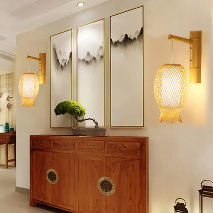 Contemporary bamboo golden wall light fixture with woven rattan lantern shade for bedroom wall light fixture