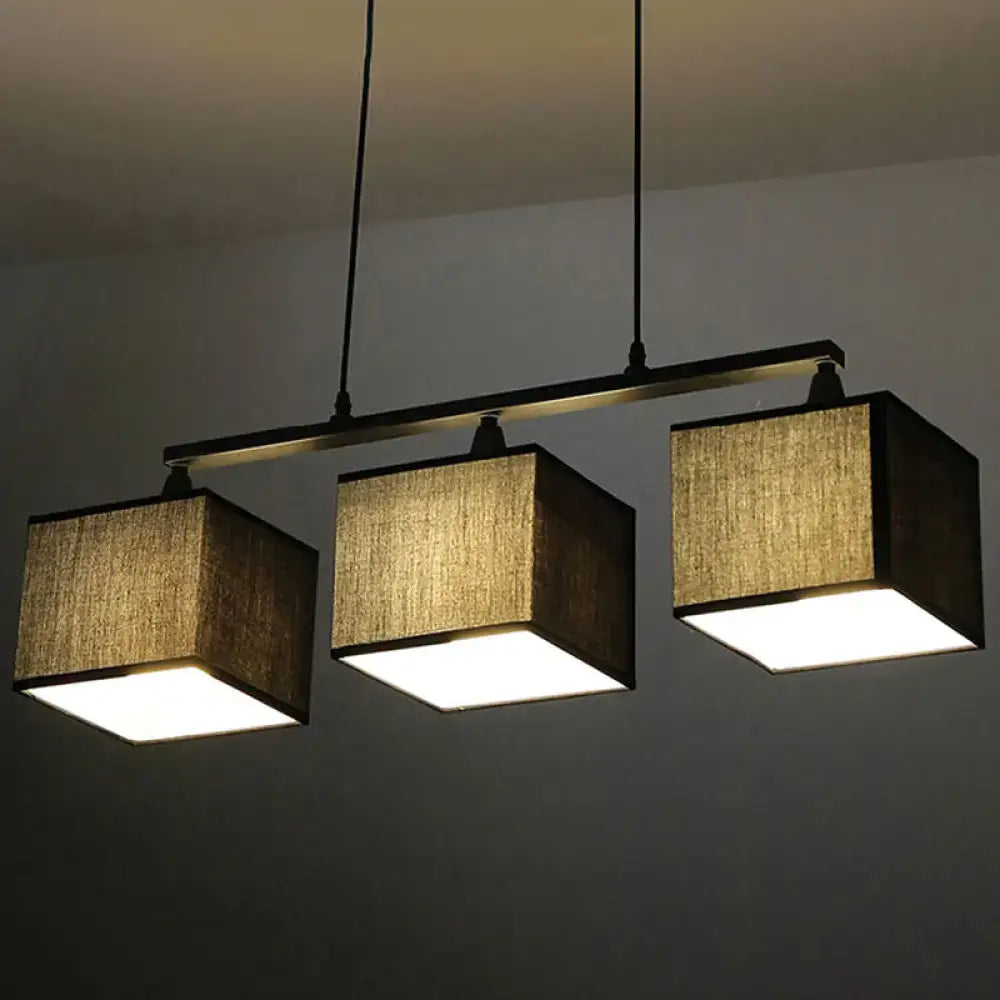 DecorBites™ contemporary black cubic island chandelier with 3 textured beige fabric shades e26 e27 light kit