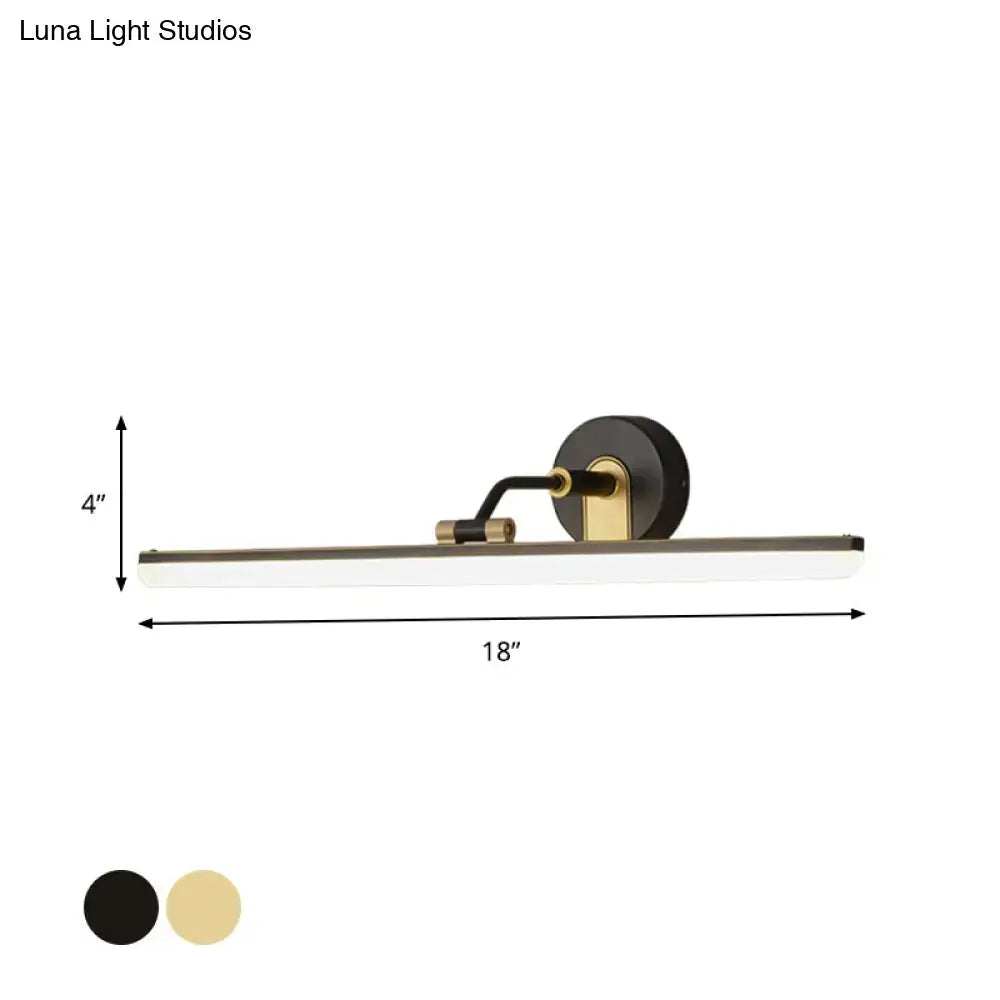 Contemporary black brass vanity bar light with a sleek rectangular white diffuser and metal accents for bathroom walls