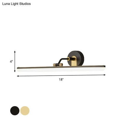 Contemporary black brass vanity bar light with a sleek rectangular white diffuser and metal accents for bathroom walls