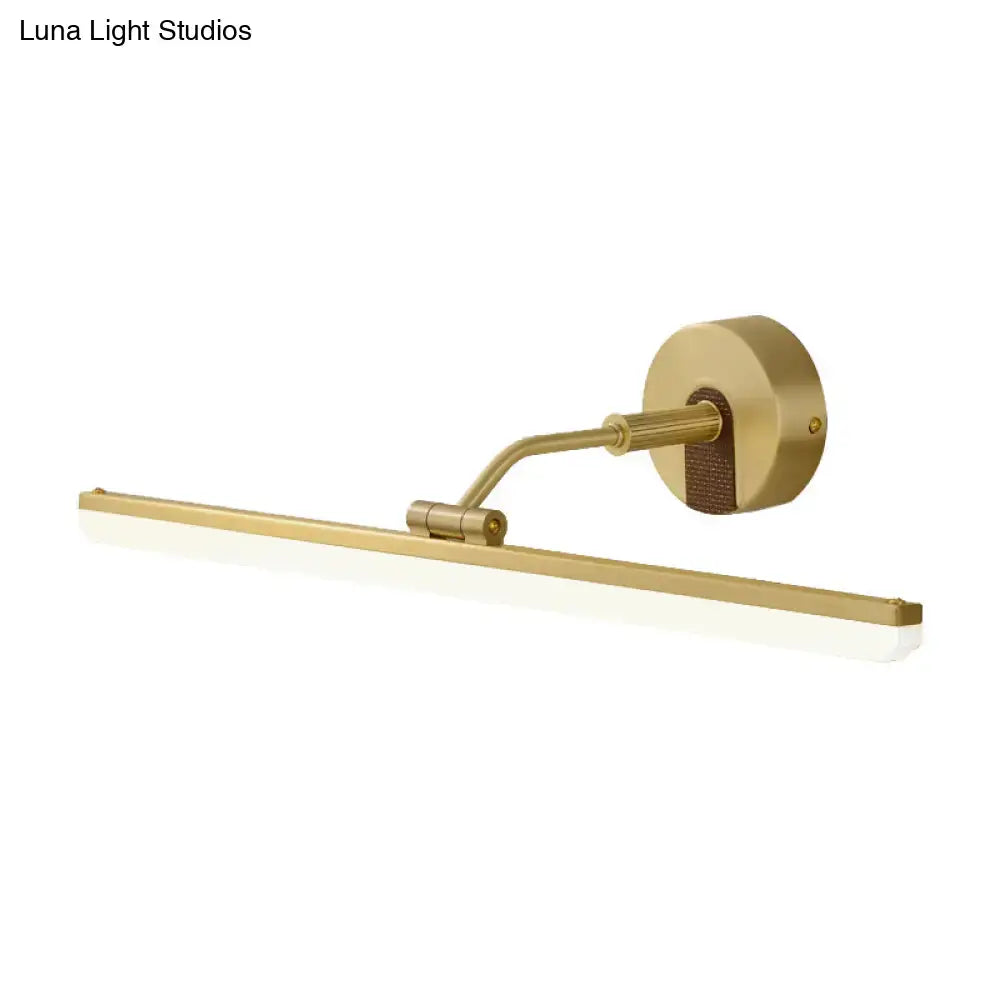 Contemporary black brass vanity bar light with a brass-finished wall-mounted fixture and adjustable elongated arm