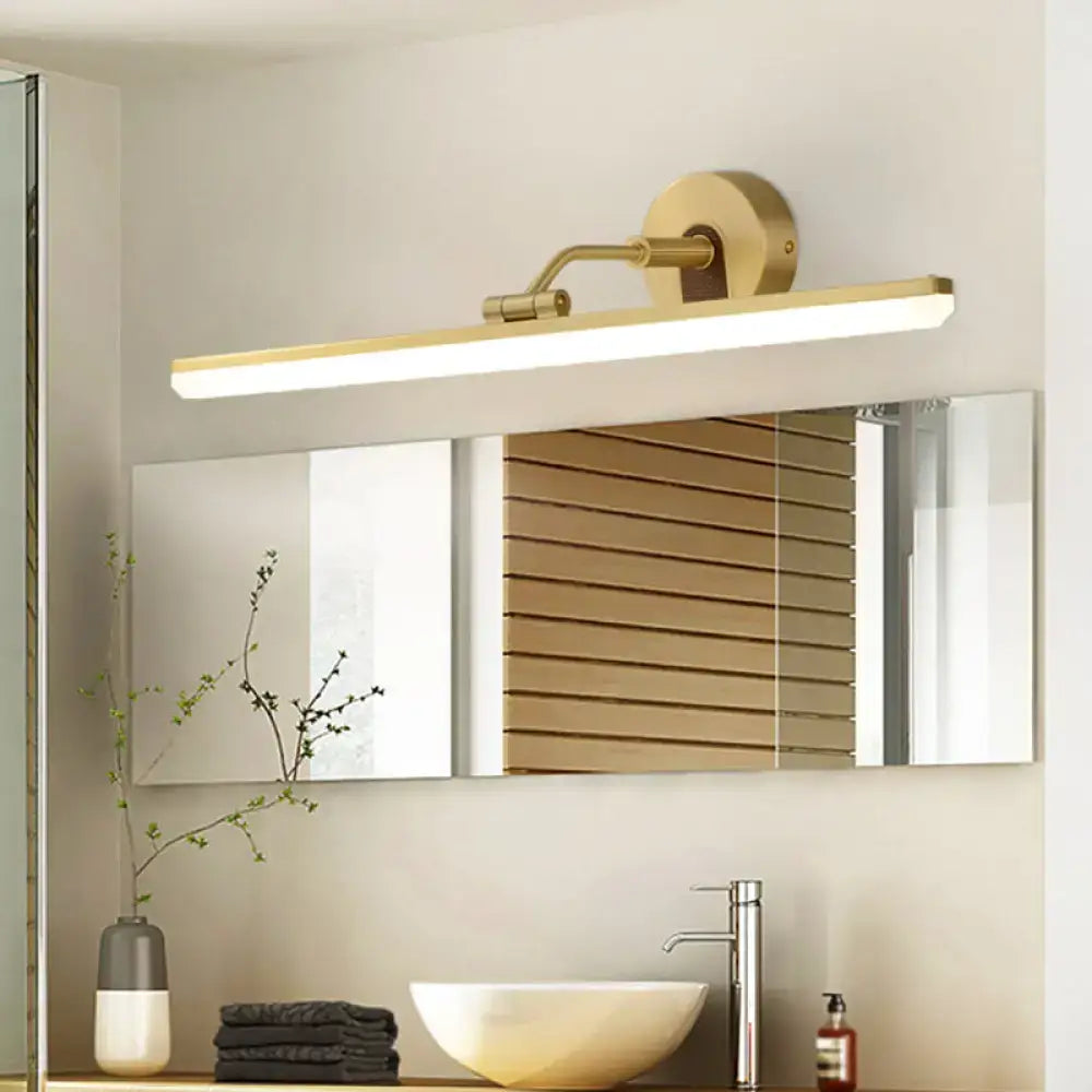 Contemporary black brass vanity bar light with gold finish, sleek rectangular led bar, and adjustable wall-mounted arm