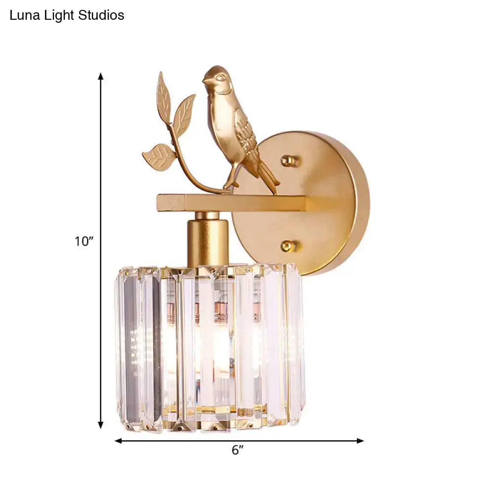 Contemporary black and gold wall lamp with gold-toned bird detail and cylindrical crystal shade for e12 e14 light type