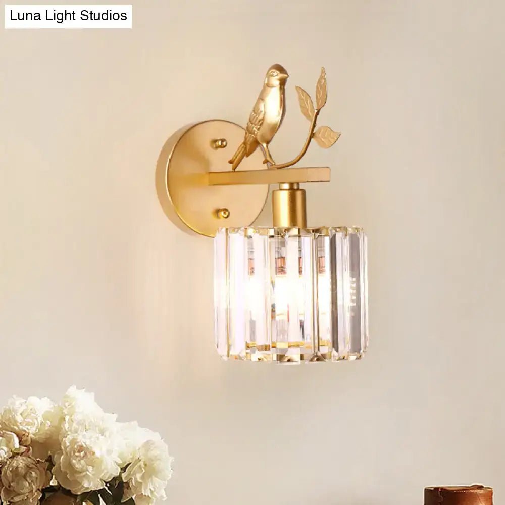 Contemporary gold-toned wall lamp with sculpted bird and crystal shade compatible with e12 e14 light type bulbs