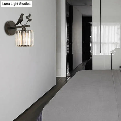 Contemporary black wrought iron wall lamp with perched bird and crystal e12 e14 light shades for bedroom use