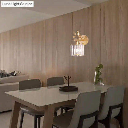 Contemporary black and gold wall lamp with bird motif and vertical crystal accents for e12 e14 light type