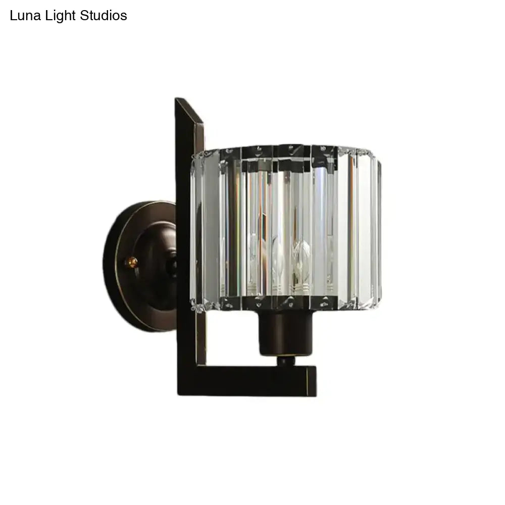 Elegant black gold crystal drum wall lamp with vertical crystal prisms for bedroom lighting e26 e27 bulb compatible