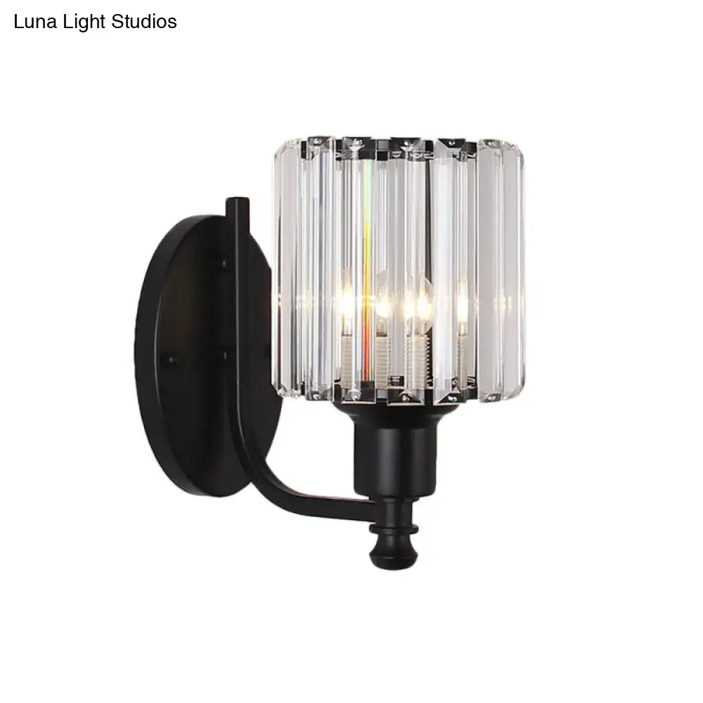 Contemporary black metal wall sconce with cylindrical crystal rectangle glass shade compatible with e26 e27 light bulbs