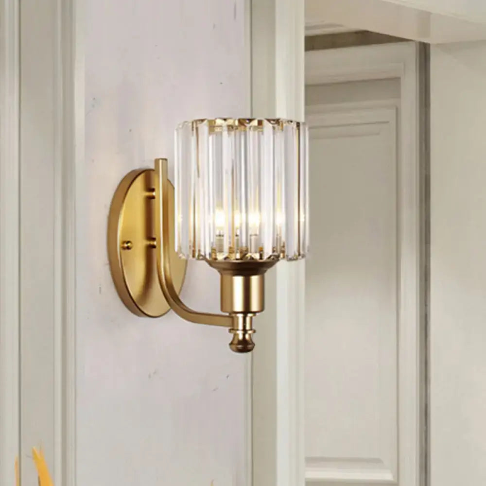 Contemporary black and gold crystal rectangle wall sconce with gold-toned e26 e27 light and cylindrical glass prism shade