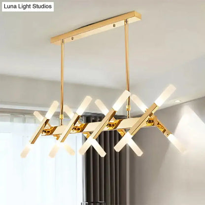 Gold island pendant with intersecting geometric arms and frosted glass fixtures ideal for living room lighting