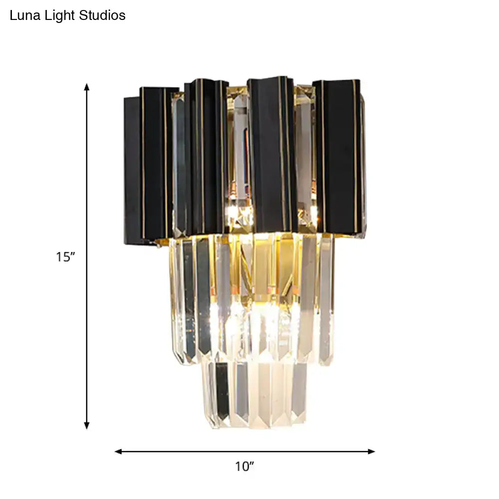 Contemporary black and gold wall lamp with clear crystal prisms and tiered faceted glass for bedroom lighting 220v-240v 110v-120v