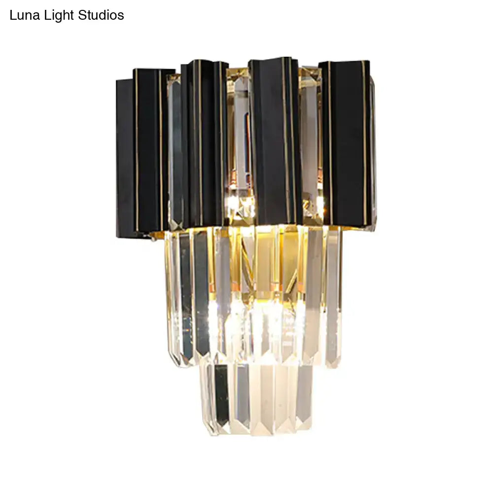 Contemporary black and gold wall lamp with clear crystal prisms and tiered faceted glass for bedroom use 220v-240v 110v-120v