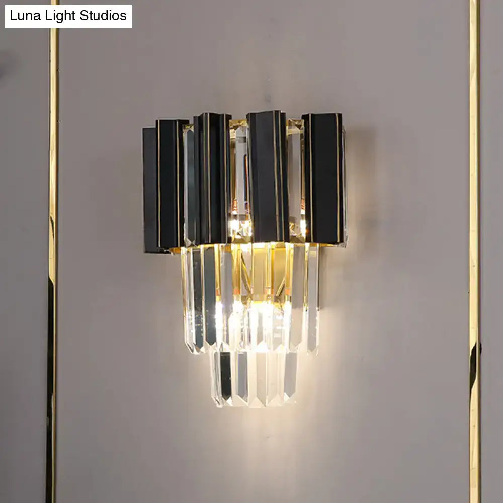 Contemporary black and gold wall lamp with clear crystal prisms cascading design for bedroom 220v-240v 110v-120v use
