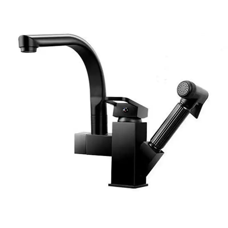 Contemporary black kitchen faucet with single handle pull out spray nozzle in sleek matte finish and modern design