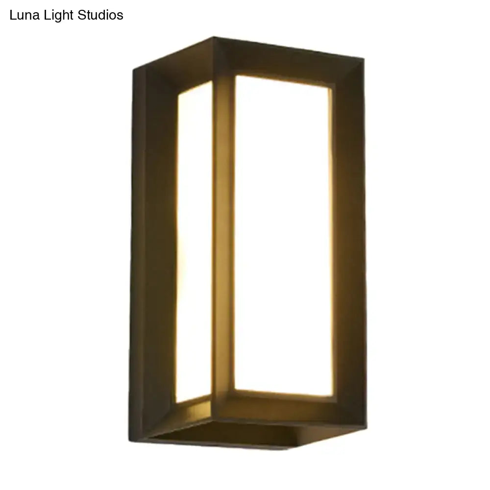 Contemporary black led wall lamp with dark bronze metal frame and warm diffused light for courtyard use