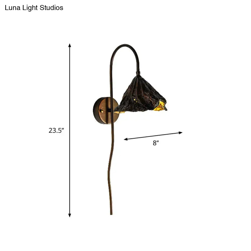 Contemporary black lotus leaf wall light with gold leaf design and curved bronze stem for living room sconce lighting