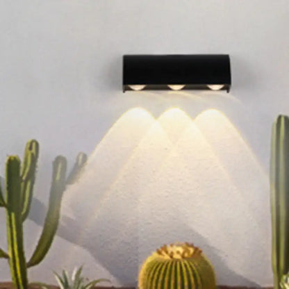 Contemporary black metal shade flush mount wall sconce with three illuminated beams for living room lighting