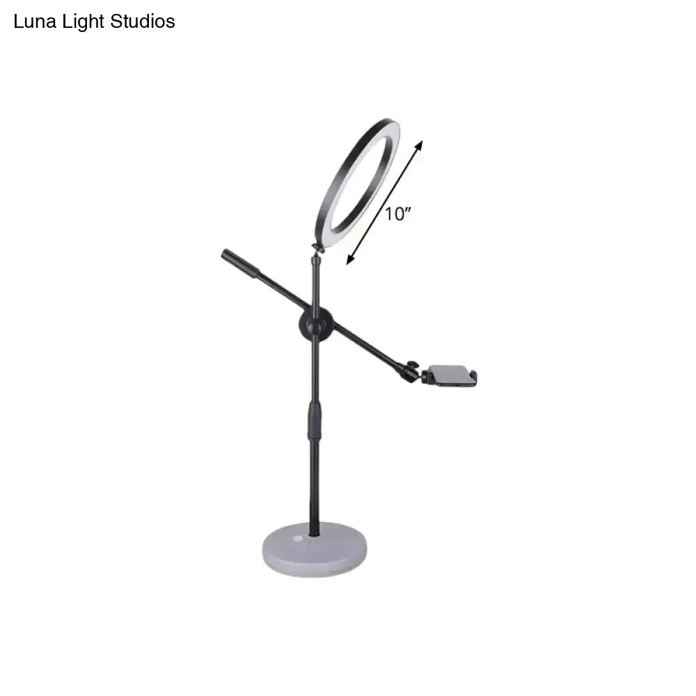 Contemporary black and silver 10-inch round shaped metal vanity light on adjustable stand with phone clamp 220v-240v 110v-120v